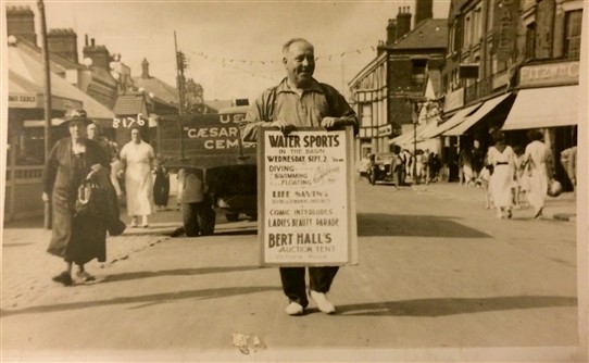 Photo:Bert at Mablethorpe advertising with an A Board-I suspect this was also to do with the High Dive act Aunt Ciss did.