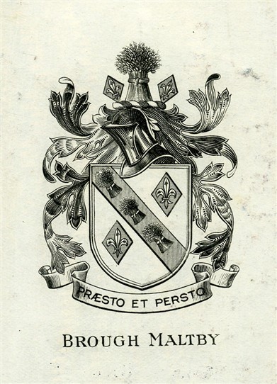 Photo:Bookplate of Brough Maltby (1826-1894), Canon of Lincoln, Archdeacon of Nottingham, and parish priest of St.Peter's church in Farndon near Newark.  The motto 'Praesto et Persto' may be translated as 'I stand firm and I stand first'.  (It mirrors the motto of Stowe public school which is 'Persto et Praesto')