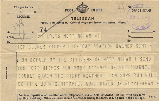Photo:Telegram from Lord Mayor of Nottingham sending best wishes to Tom Blower on his attempt to swim the Channel, 1944