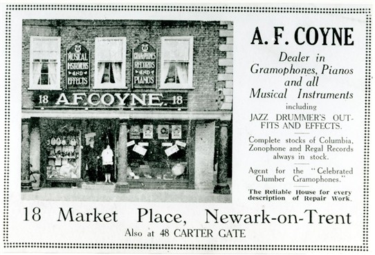 Photo:Publicity postcard advertising the opening on Wednesday 25th March 1925 of Coynes' new shop at No.18 Market Place, Newark (The Moot Hall).  Note that the old shop at No.48 Carter Gate is still listed at the bottom of the postcard