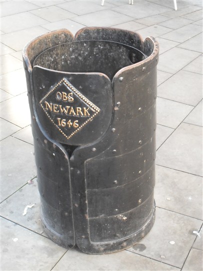 Photo:Above & Below: NEWARK: The unique street litter bins of Newark-on-Trent, made of solid metal, and featuring gold embossed depictions of the coins which were minted in the town at the time of the Civil War, 1642 -46
