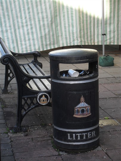 Photo:Above: BINGHAM: A depiction of the Buttercross in the Market Place appears on the town's litter bins (also on their sreet benches)