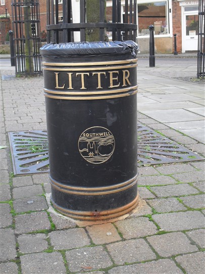 Photo:Above: SOUTHWELL: Southwell Town Council logo on litter bins in Southwell