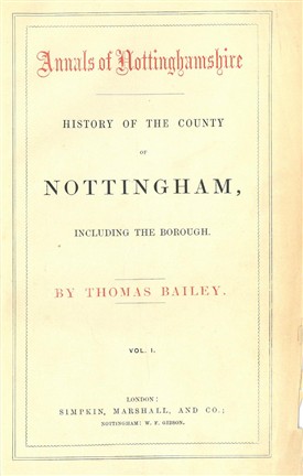 Photo:Title page of Volume 1 of Thomas Bailey's 'Annals of Nottinghamshire', 1852