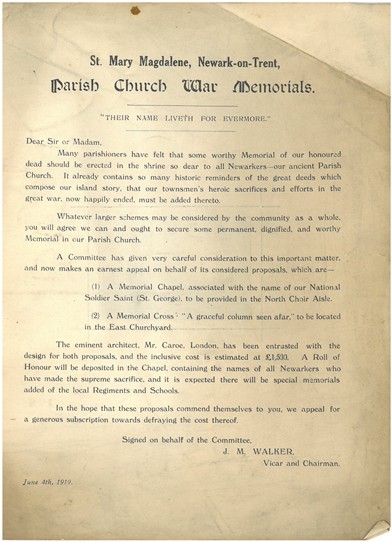 Photo:Subscription form for erecting the Newark War Memorial dated4th June 1919.  The architect of the memorial is to be Mr Caroe of London