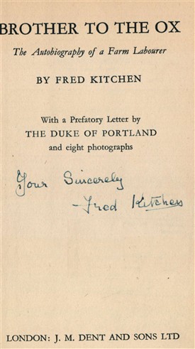 Photo:Title page of 'Brother to the Ox' signed by Fred Kitchen
