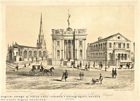 Photo:Trinity Square Nottingham showing Holy Trinity church, The Mechanics Institute and the Baptist Chapel, 1853